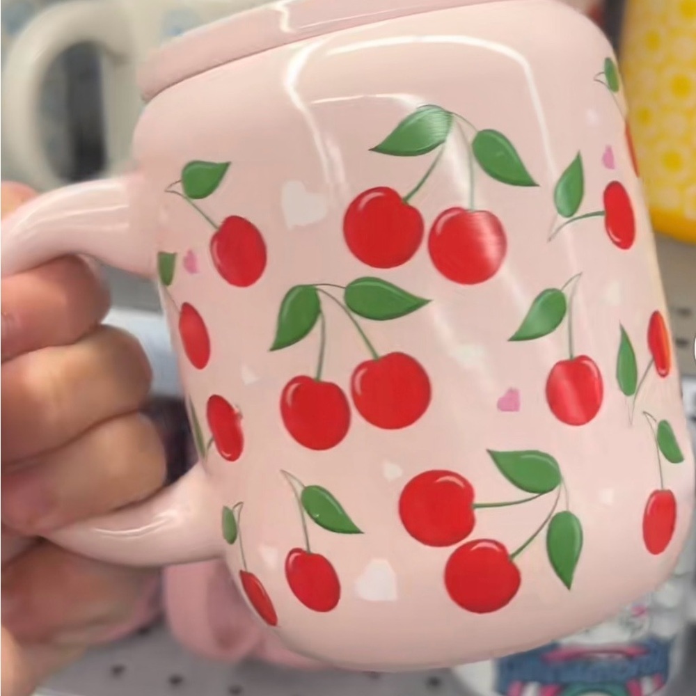 Pink Cherry Heart mug with lid